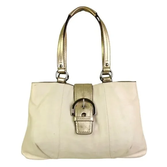 VTG COACH PEARL OFF WHITE GOLD GENUINE LEATHER SHOULDER BAG HANDBAG PURSE TOTE - Picture 1 of 13